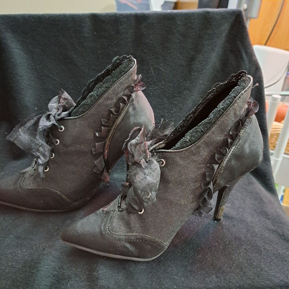 Ellie Blackglitter 5" Heel Bootie with Satin Ruffle & Ribbon Tie Detail size 7 - Picture 3 of 11